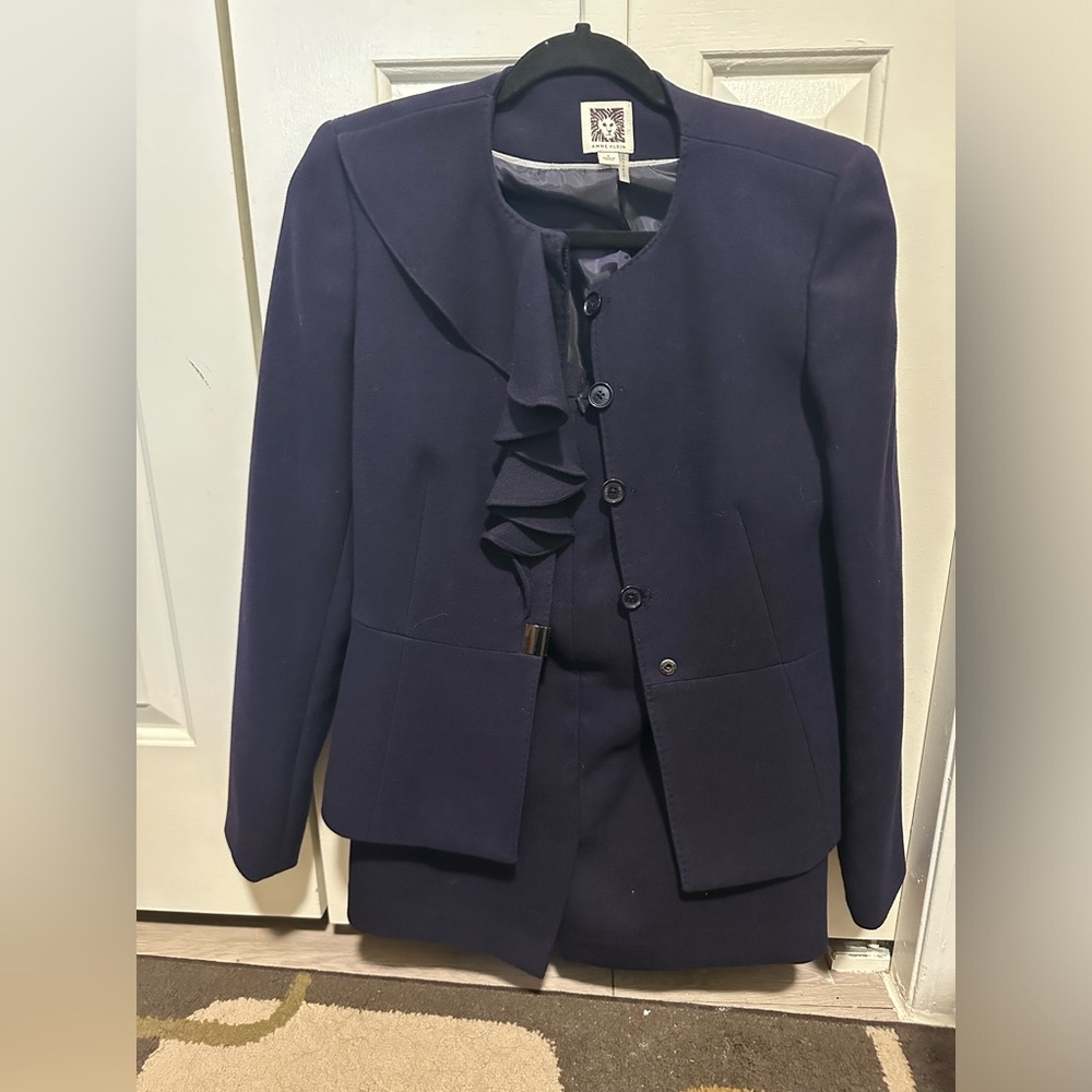 ANNE KLEIN SKIRT SUIT SIZE 4 WOMEN'S PURPLE RUFFLE BLAZER JACKET LONG SLEEVES